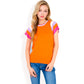 Colorblock Knit Short Sleeve Top with Bold Striped Sleeves