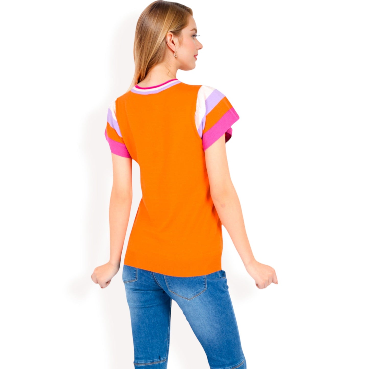 Colorblock Knit Short Sleeve Top with Bold Striped Sleeves