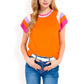 Colorblock Knit Short Sleeve Top with Bold Striped Sleeves