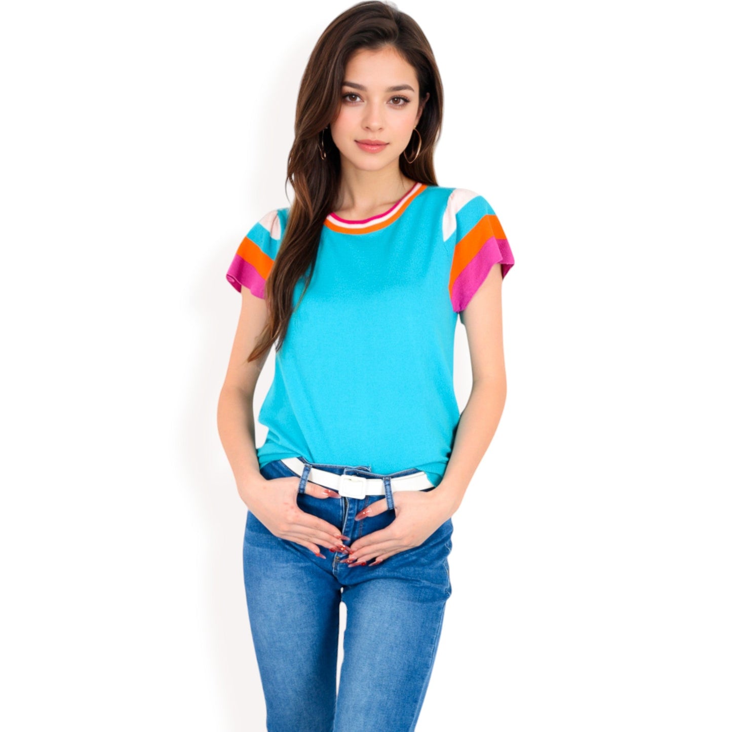 Colorblock Knit Short Sleeve Top with Bold Striped Sleeves