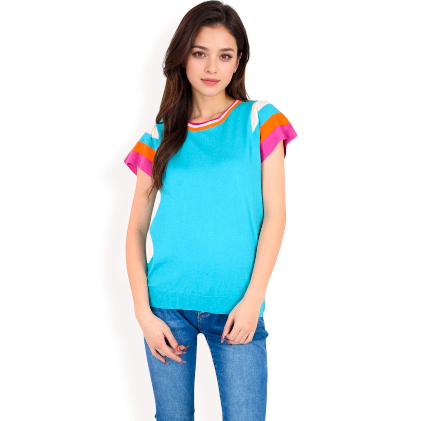 Colorblock Knit Short Sleeve Top with Bold Striped Sleeves