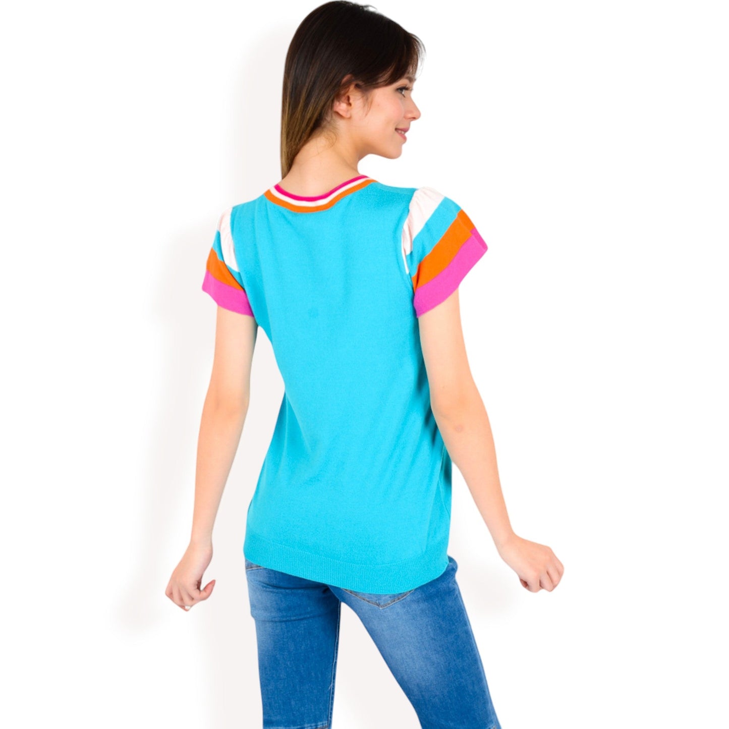 Colorblock Knit Short Sleeve Top with Bold Striped Sleeves