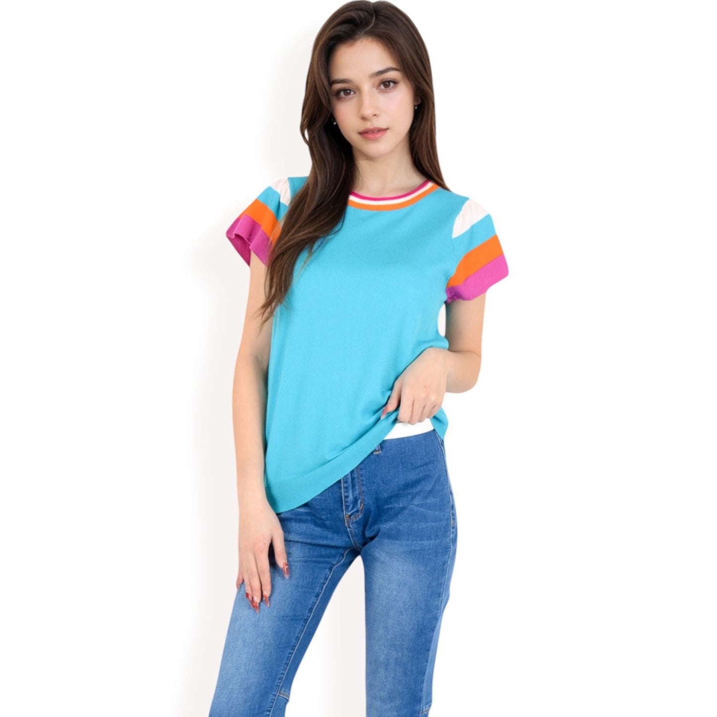 Colorblock Knit Short Sleeve Top with Bold Striped Sleeves