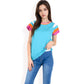 Colorblock Knit Short Sleeve Top with Bold Striped Sleeves