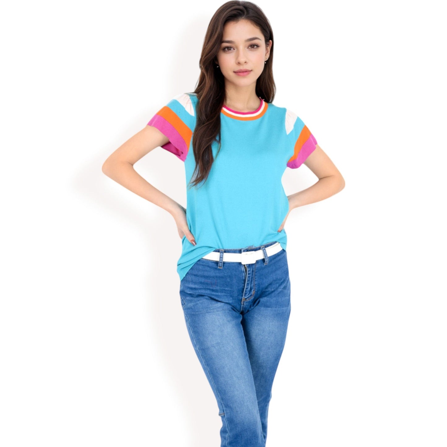 Colorblock Knit Short Sleeve Top with Bold Striped Sleeves