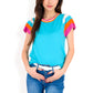 Colorblock Knit Short Sleeve Top with Bold Striped Sleeves