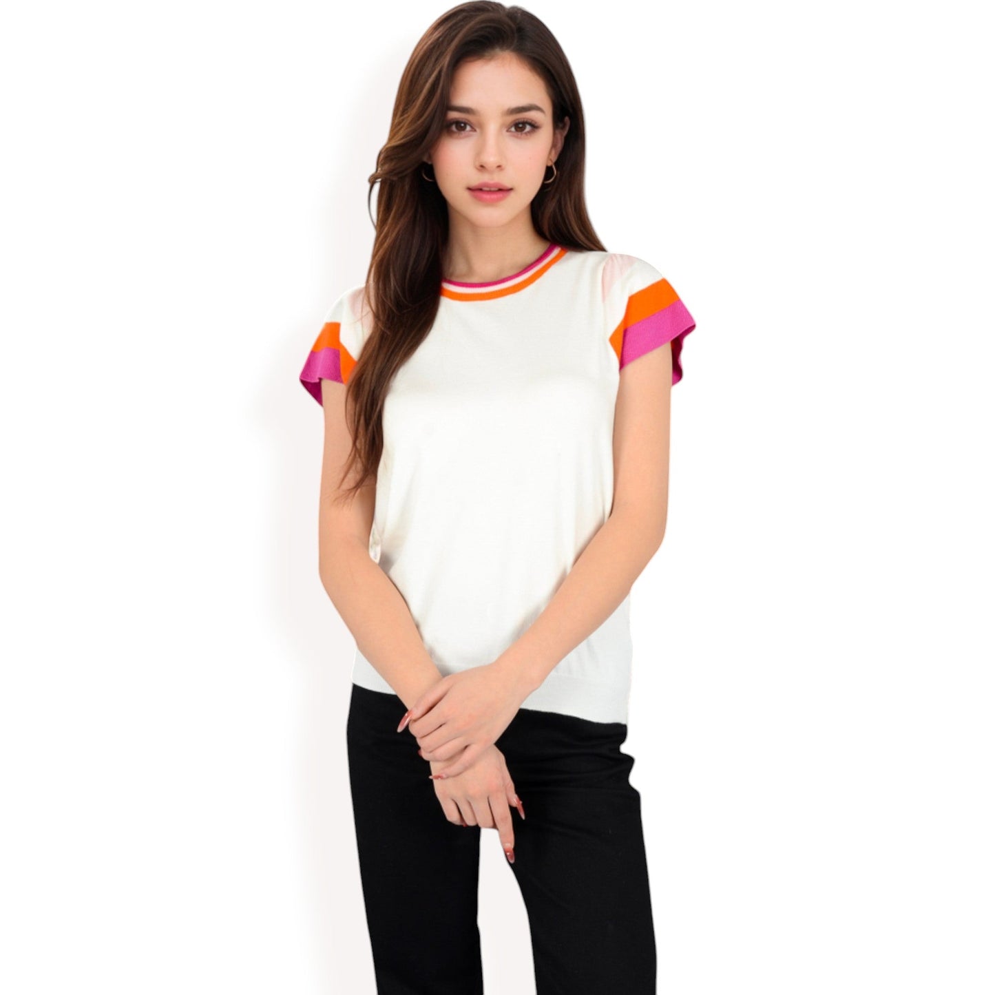 Colorblock Knit Short Sleeve Top with Bold Striped Sleeves