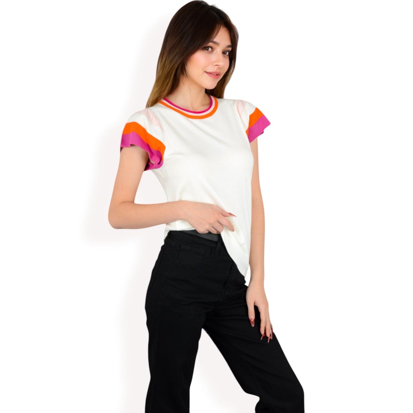 Colorblock Knit Short Sleeve Top with Bold Striped Sleeves