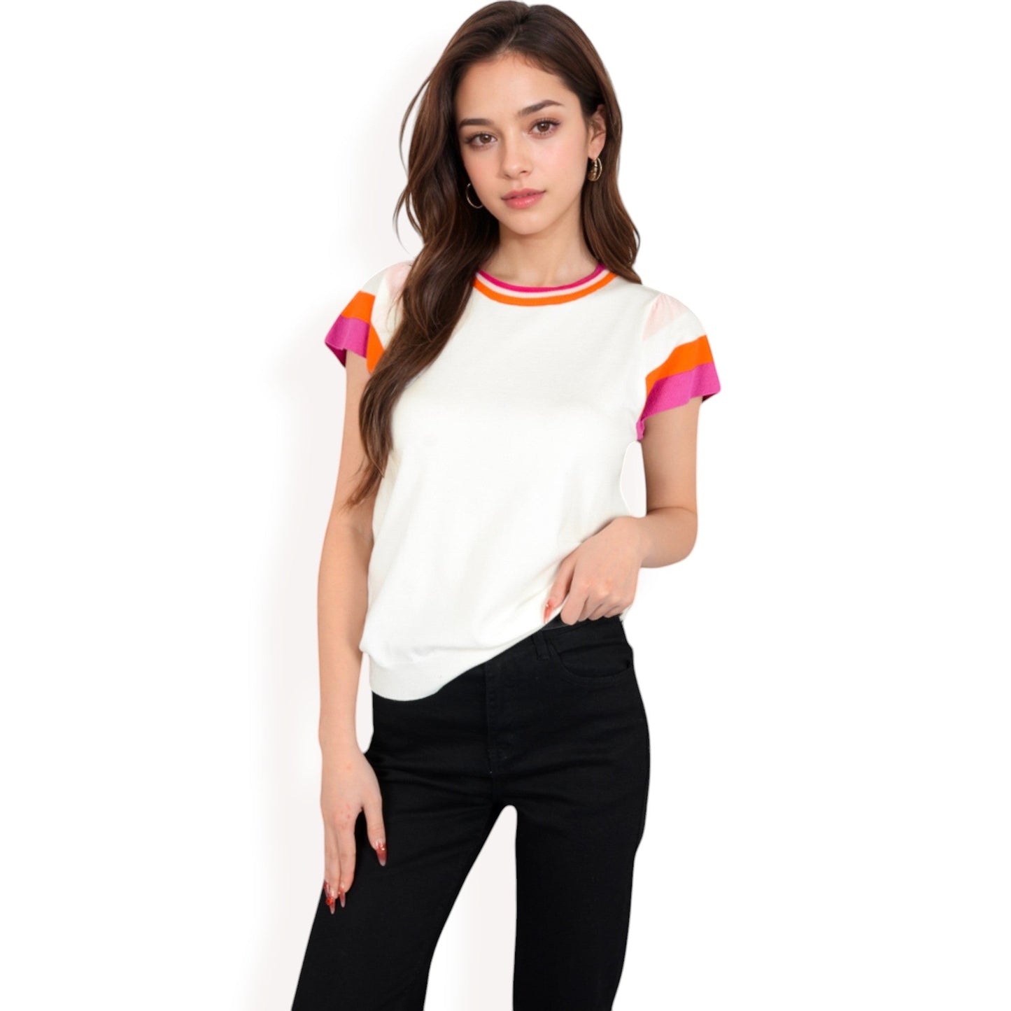 Colorblock Knit Short Sleeve Top with Bold Striped Sleeves