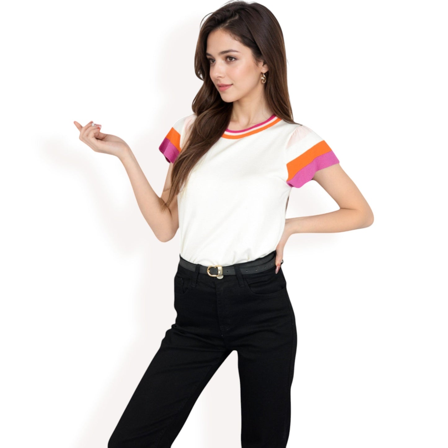 Colorblock Knit Short Sleeve Top with Bold Striped Sleeves