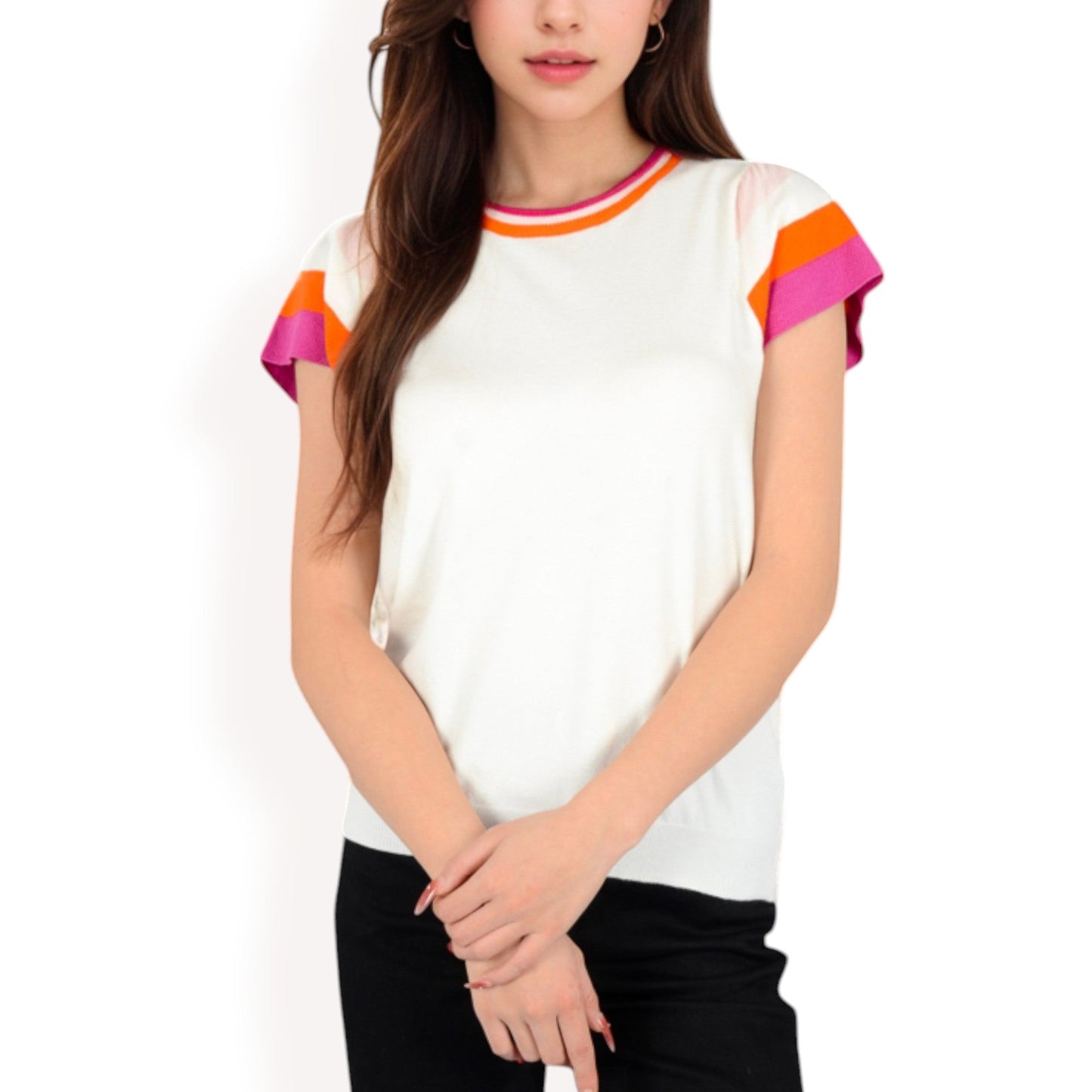 Colorblock Knit Short Sleeve Top with Bold Striped Sleeves