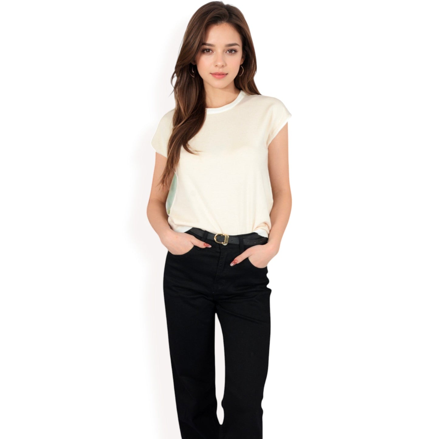 Striped Knit Cap Sleeve Top with Contrast Trim