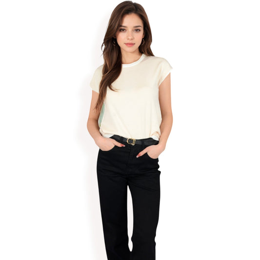 Striped Knit Cap Sleeve Top with Contrast Trim