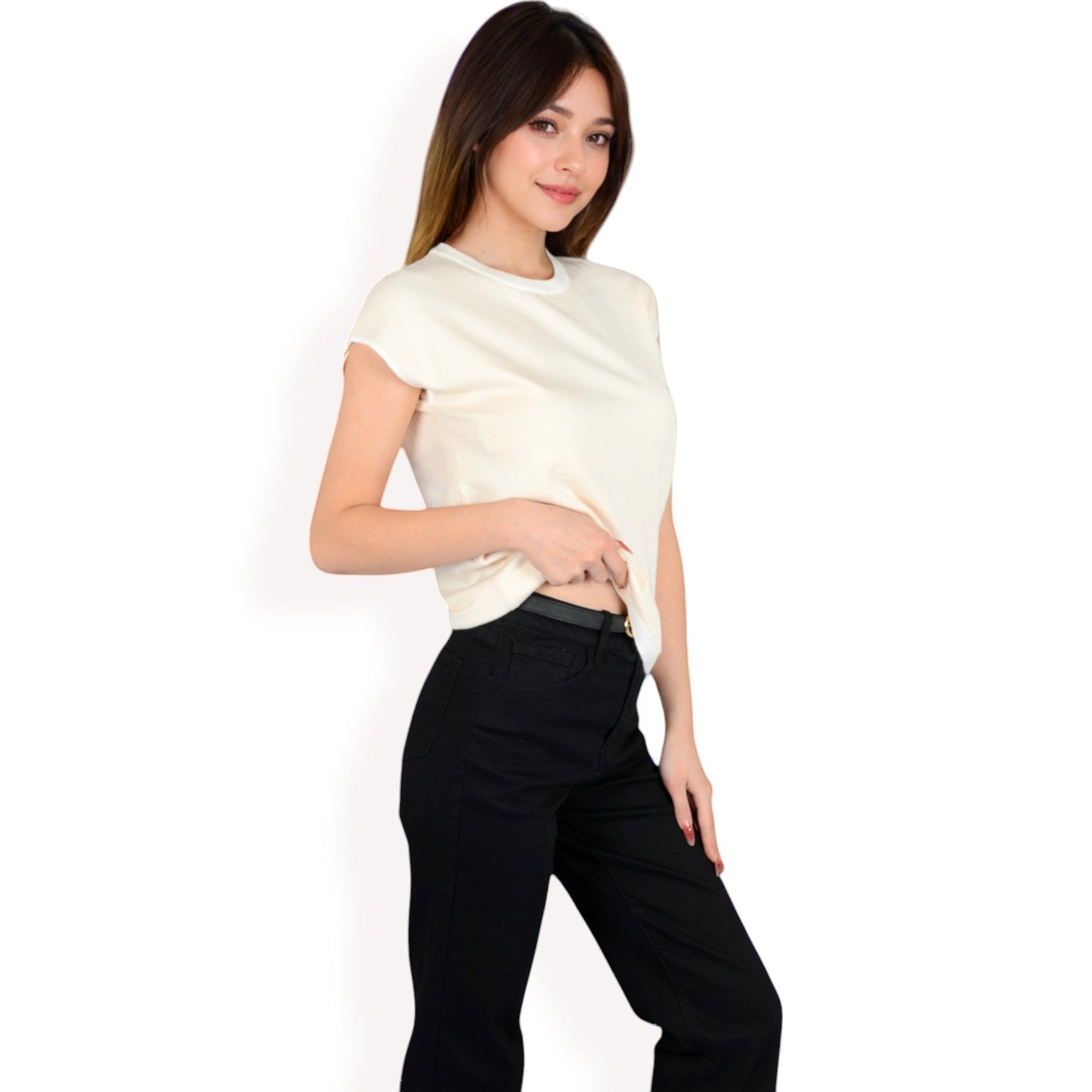 Striped Knit Cap Sleeve Top with Contrast Trim