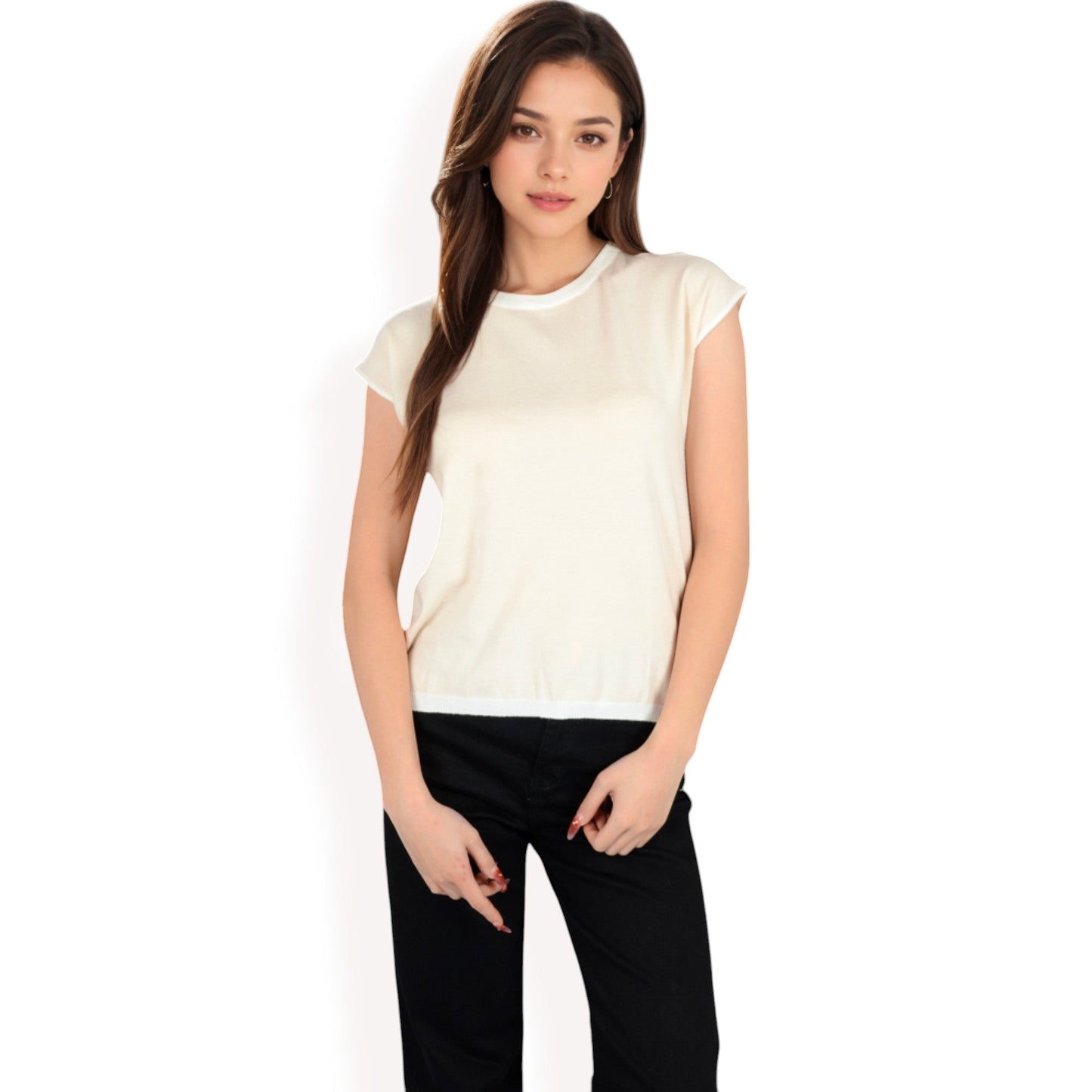 Striped Knit Cap Sleeve Top with Contrast Trim