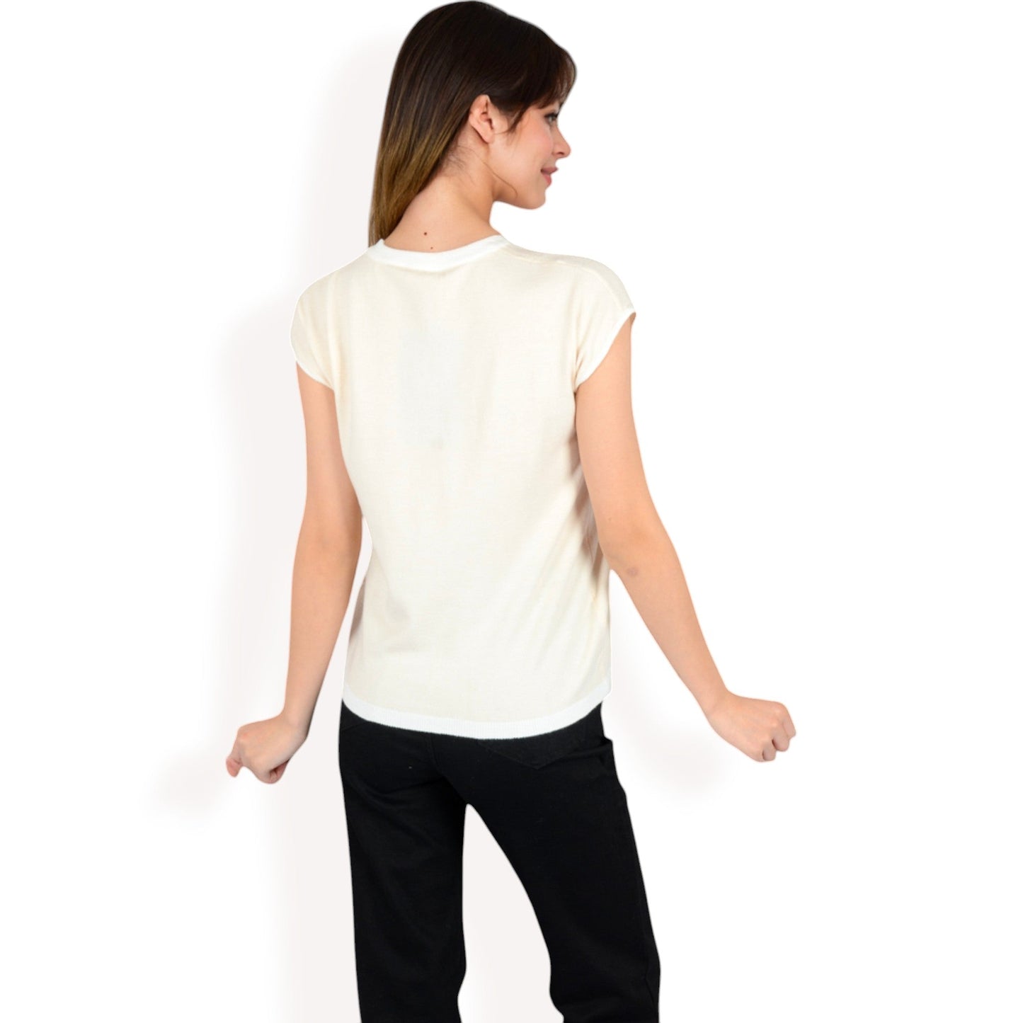 Striped Knit Cap Sleeve Top with Contrast Trim