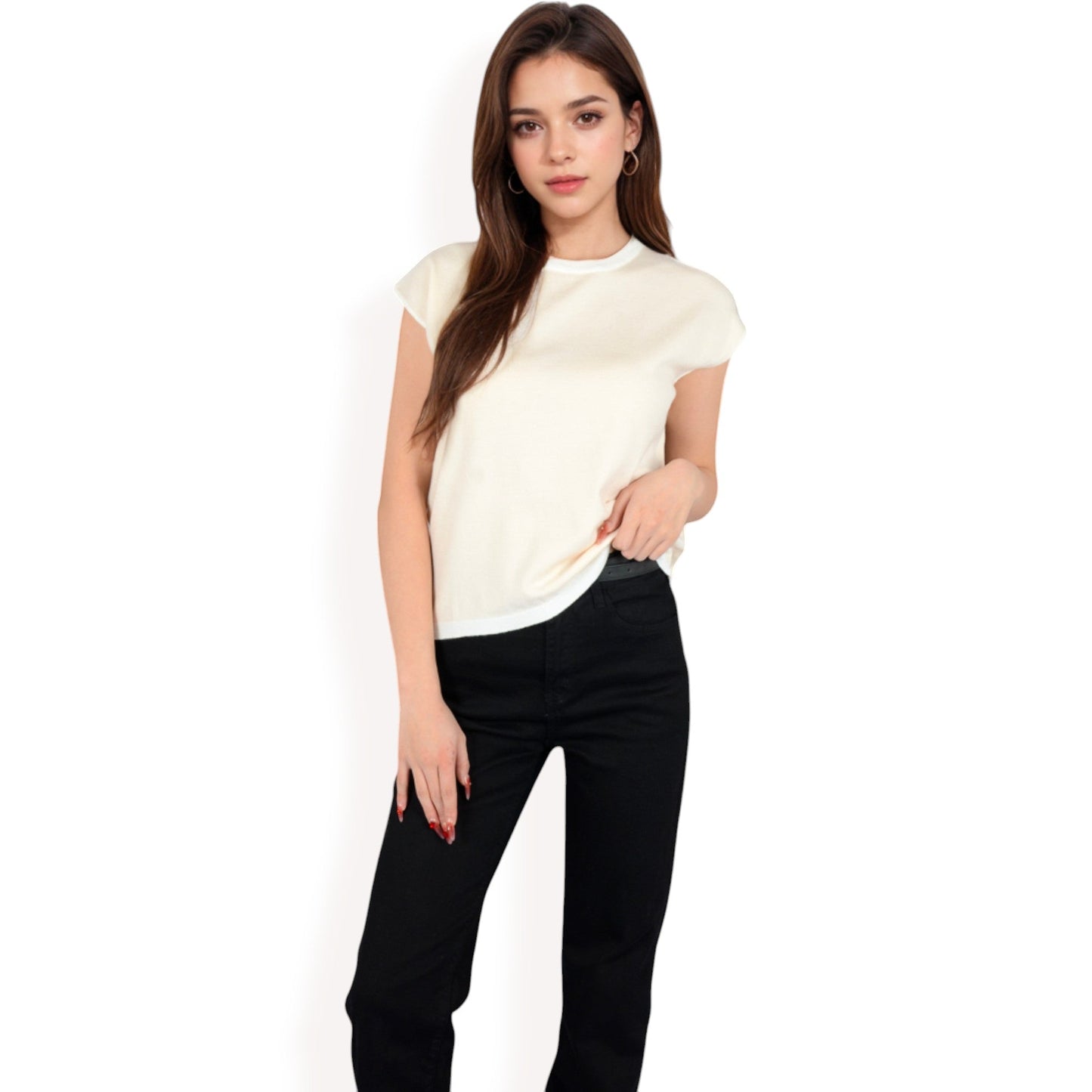 Striped Knit Cap Sleeve Top with Contrast Trim