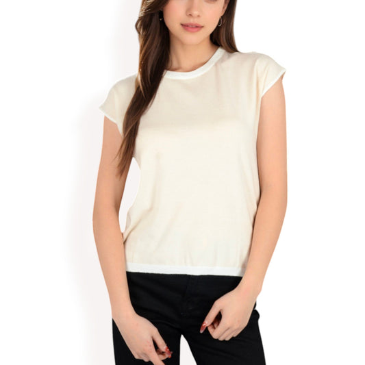 Striped Knit Cap Sleeve Top with Contrast Trim