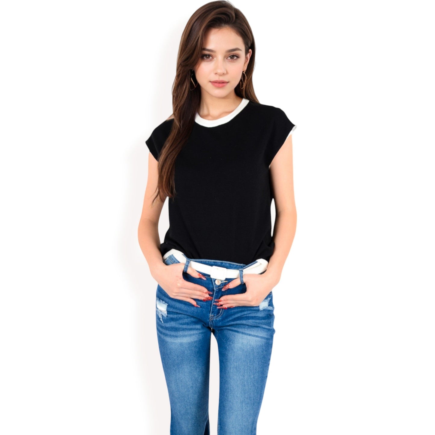 Striped Knit Cap Sleeve Top with Contrast Trim