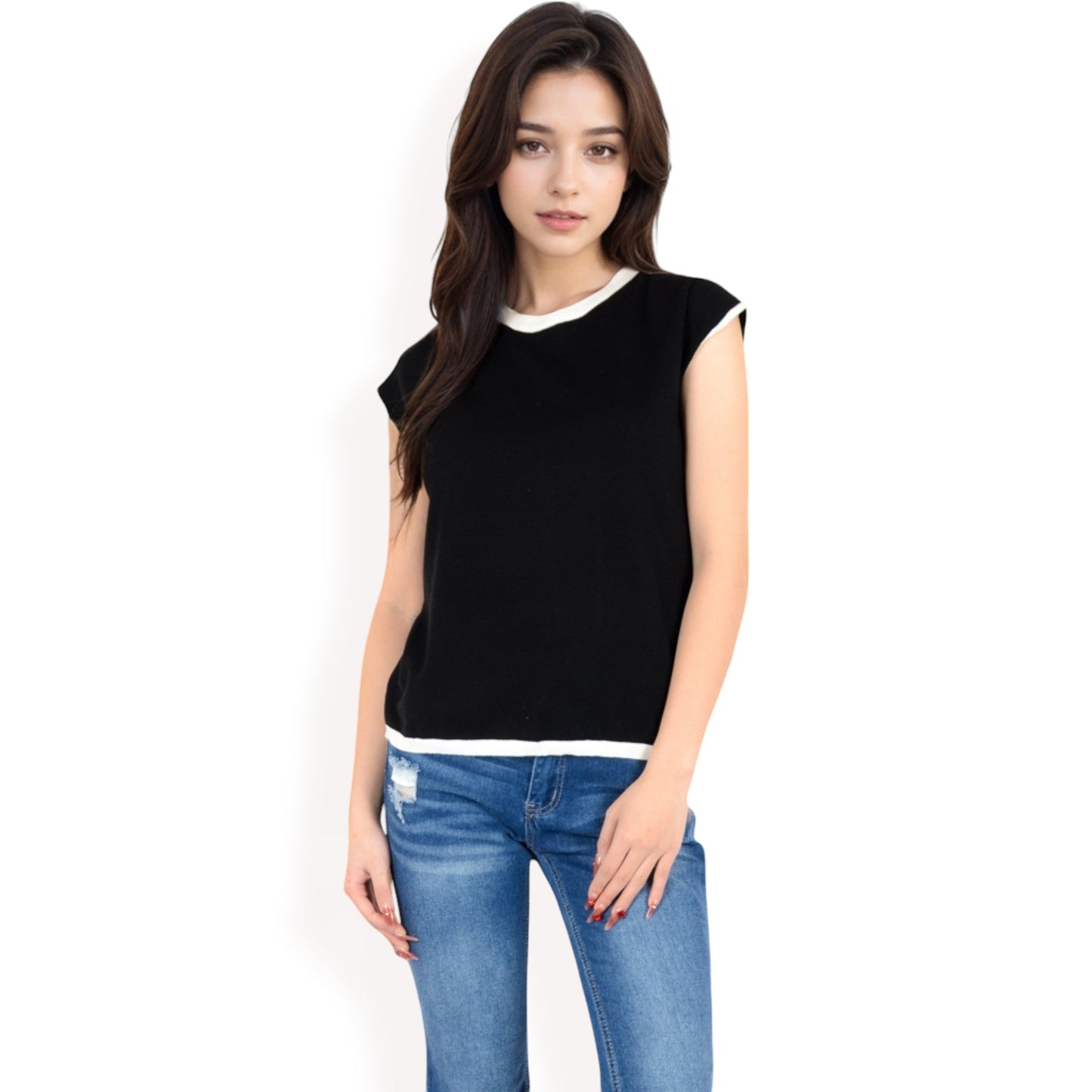Striped Knit Cap Sleeve Top with Contrast Trim