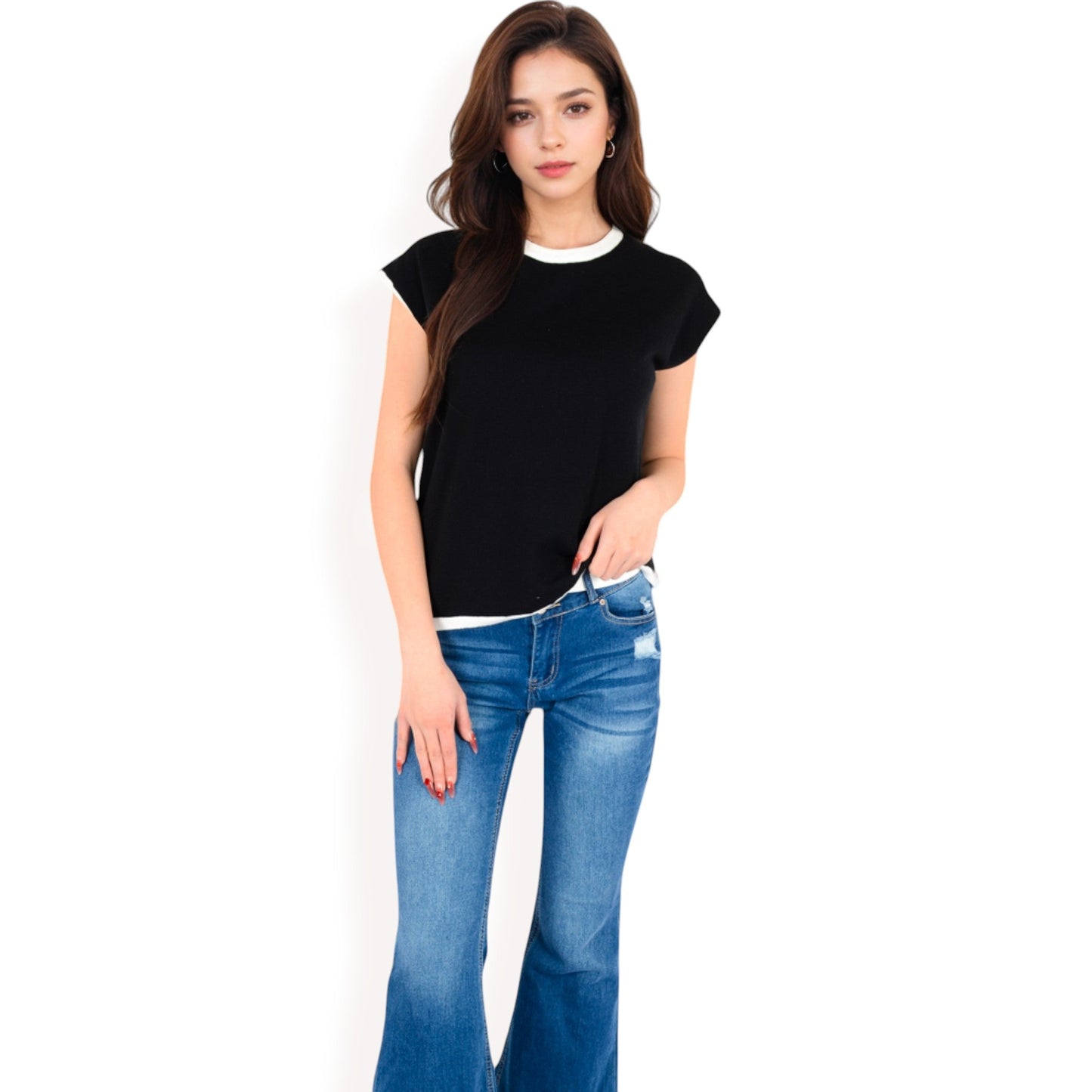 Striped Knit Cap Sleeve Top with Contrast Trim