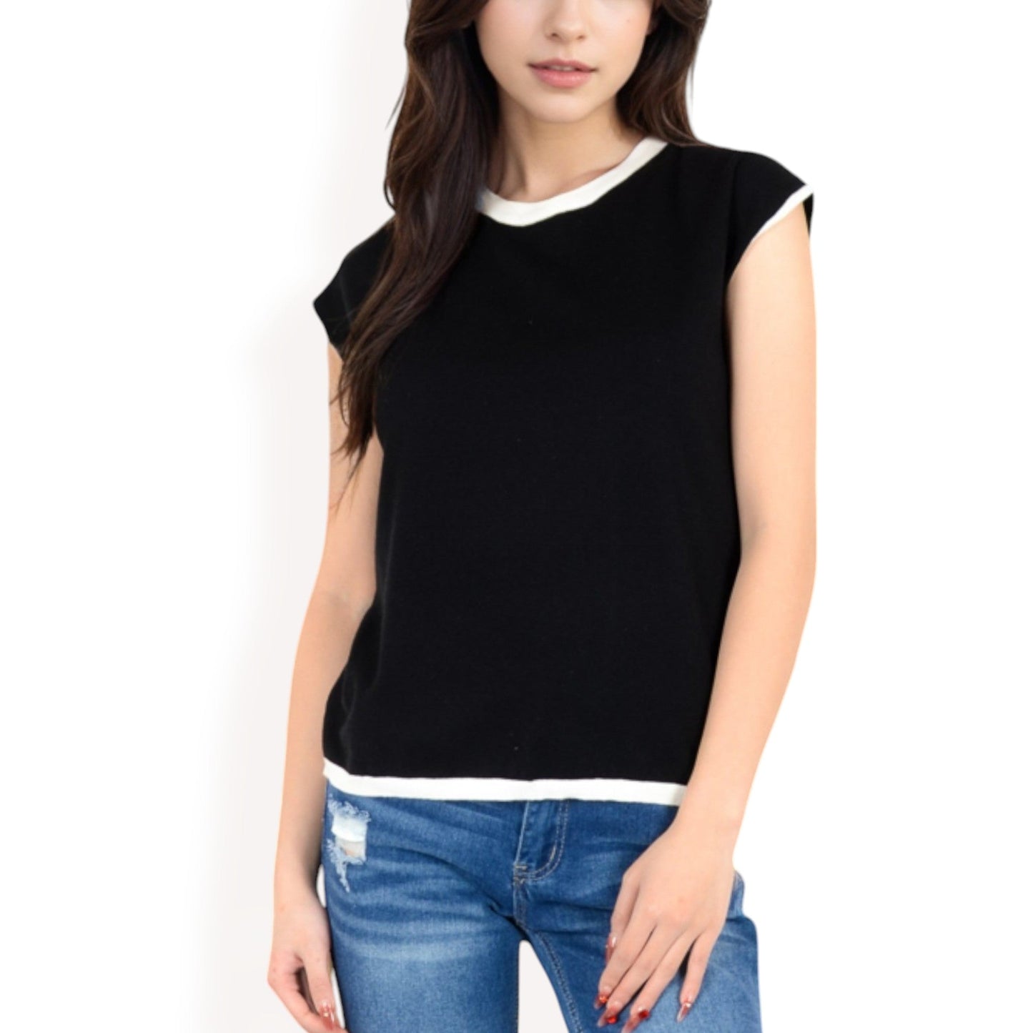 Striped Knit Cap Sleeve Top with Contrast Trim