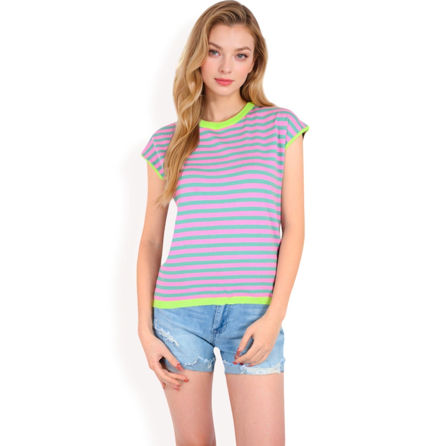 Striped Knit Cap Sleeve Top with Contrast Trim