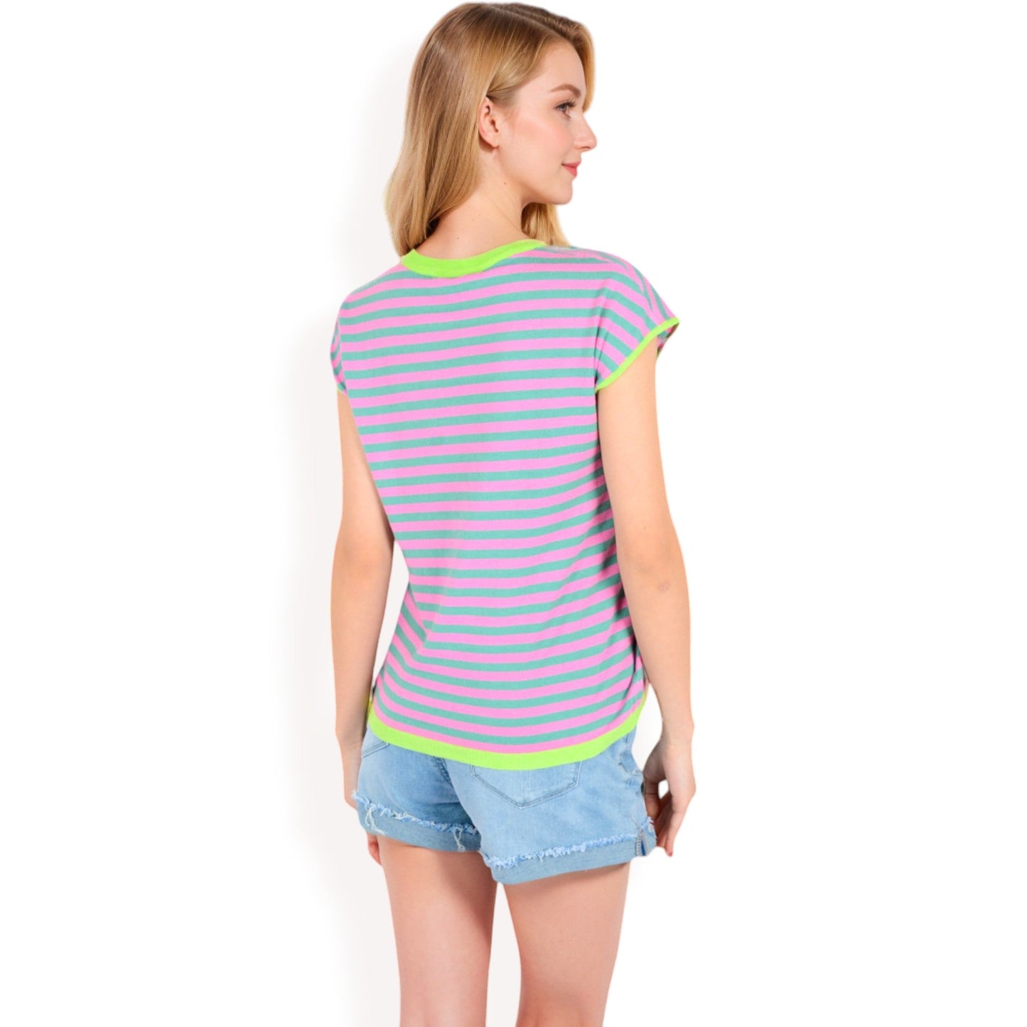 Striped Knit Cap Sleeve Top with Contrast Trim