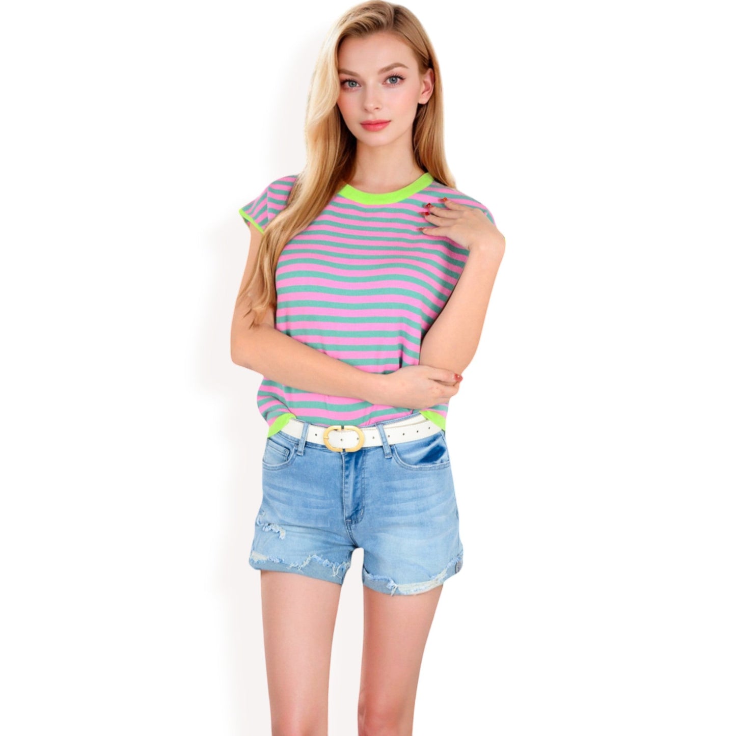 Striped Knit Cap Sleeve Top with Contrast Trim