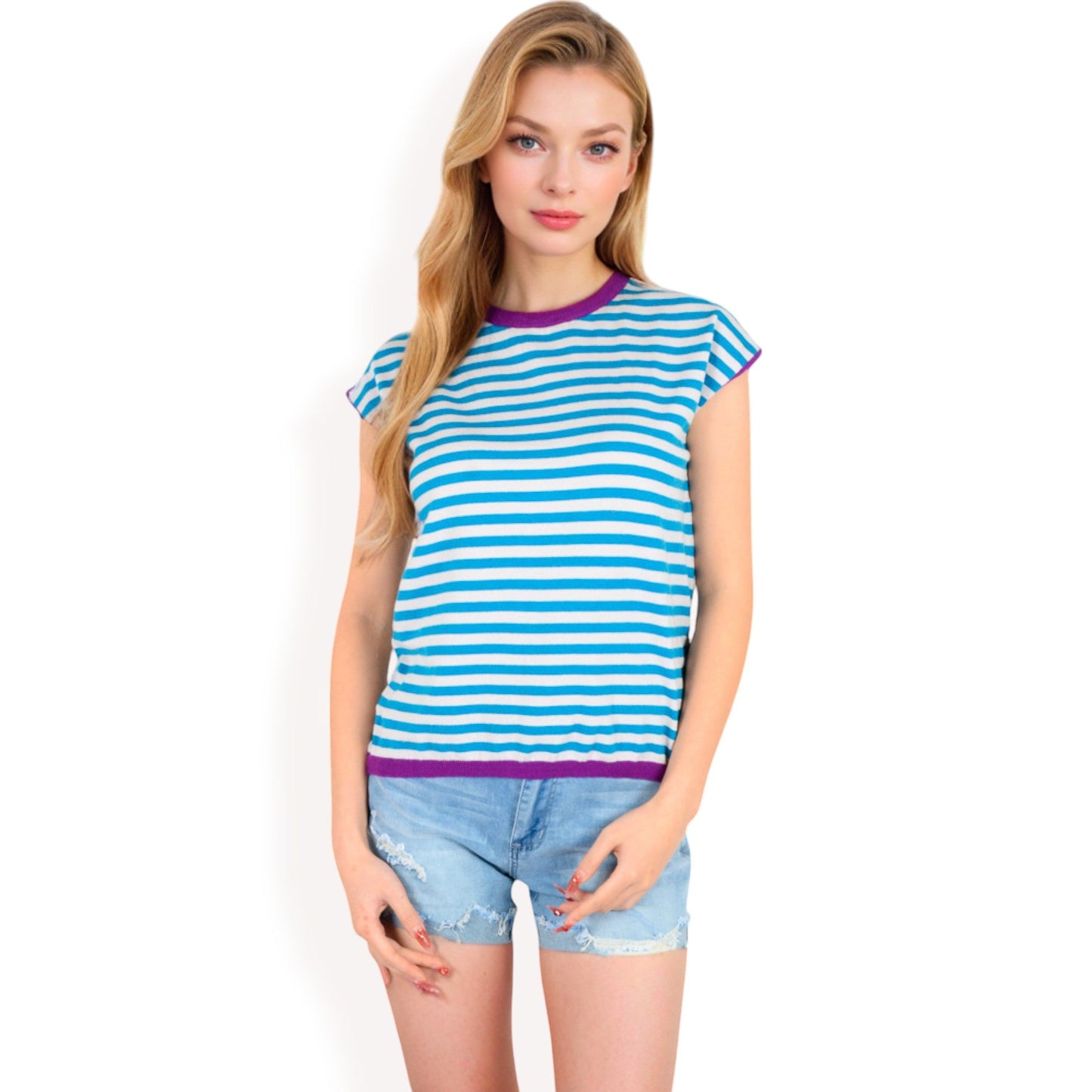 Striped Knit Cap Sleeve Top with Contrast Trim