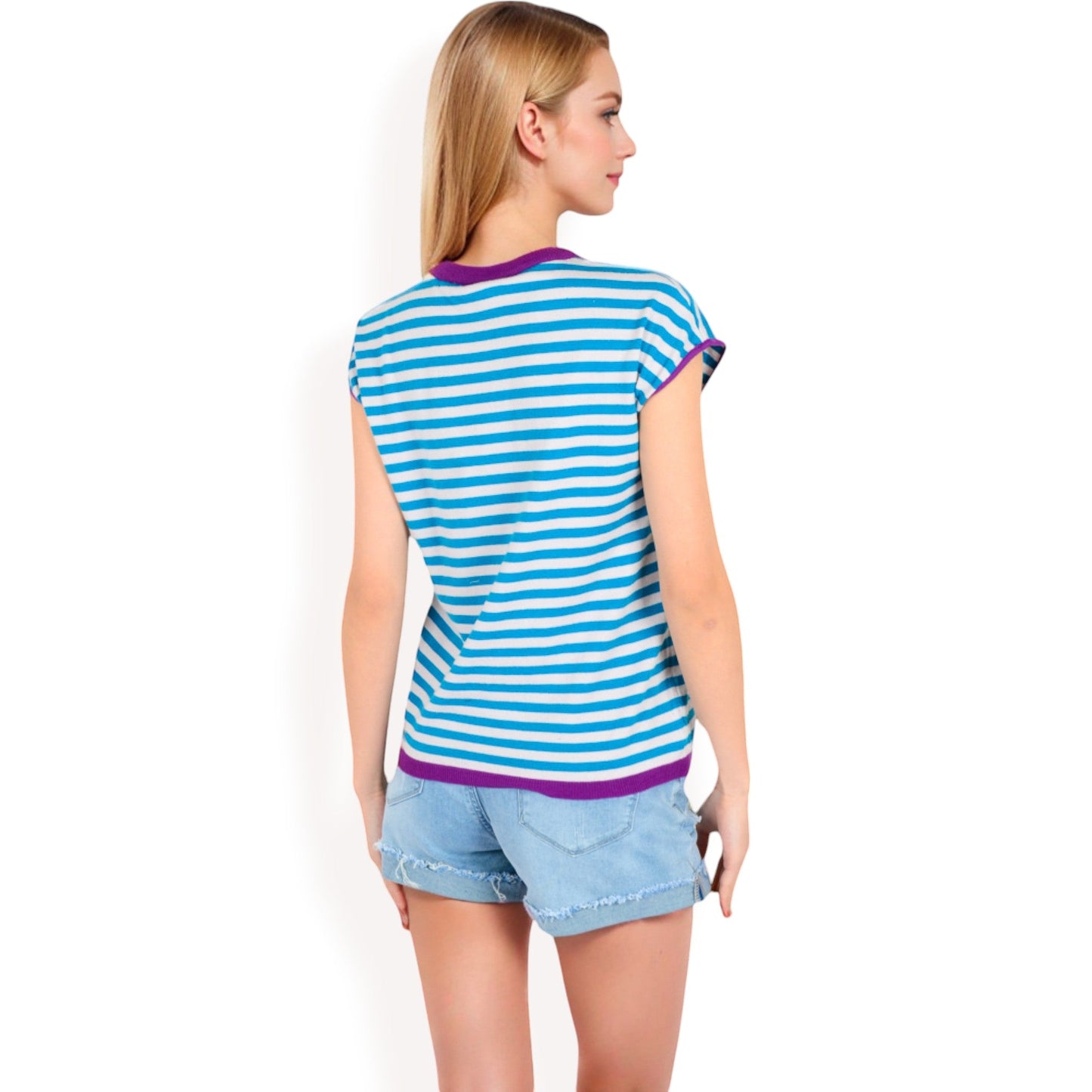 Striped Knit Cap Sleeve Top with Contrast Trim