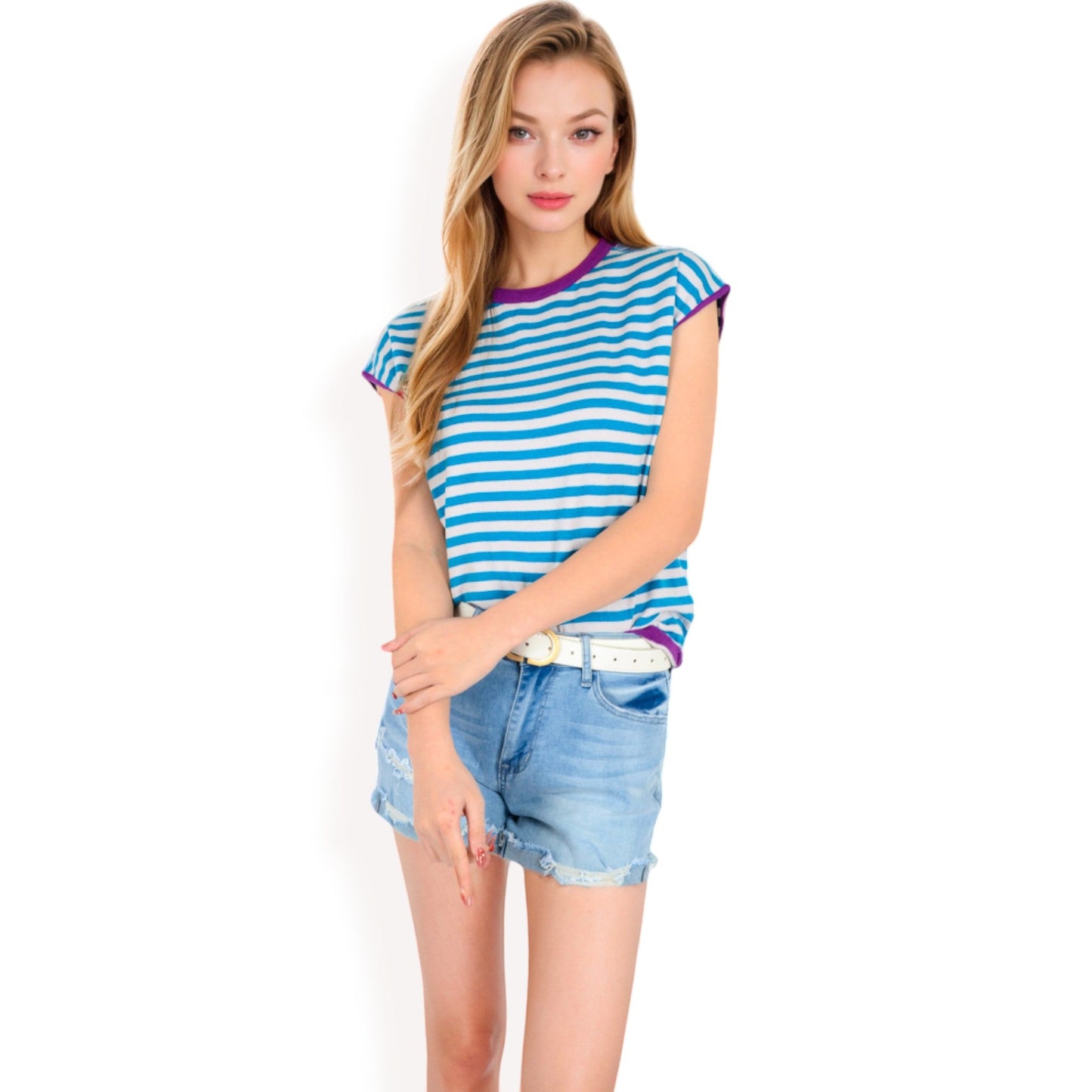 Striped Knit Cap Sleeve Top with Contrast Trim