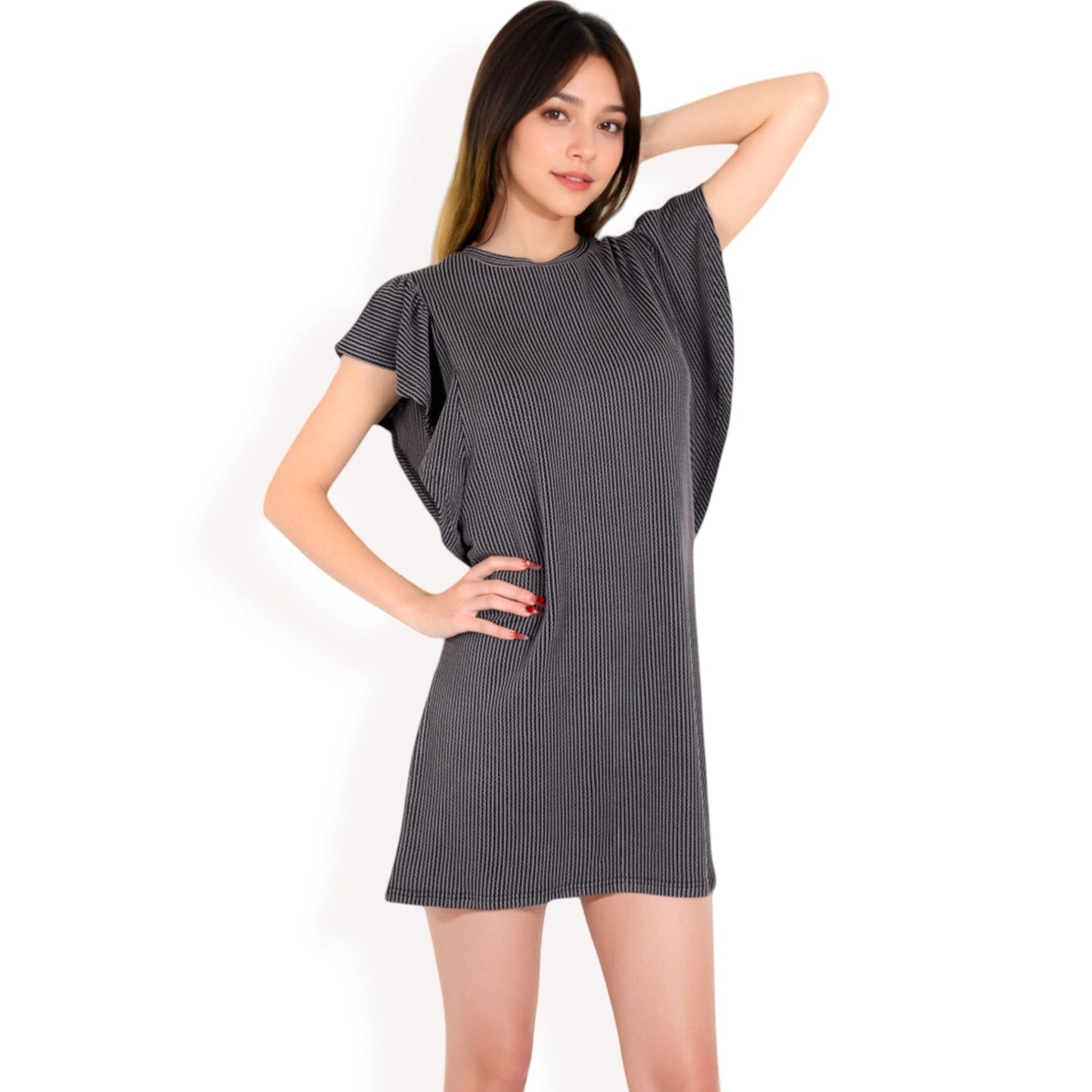 Ruffle Sleeve Textured Knit Mini Shift Dress