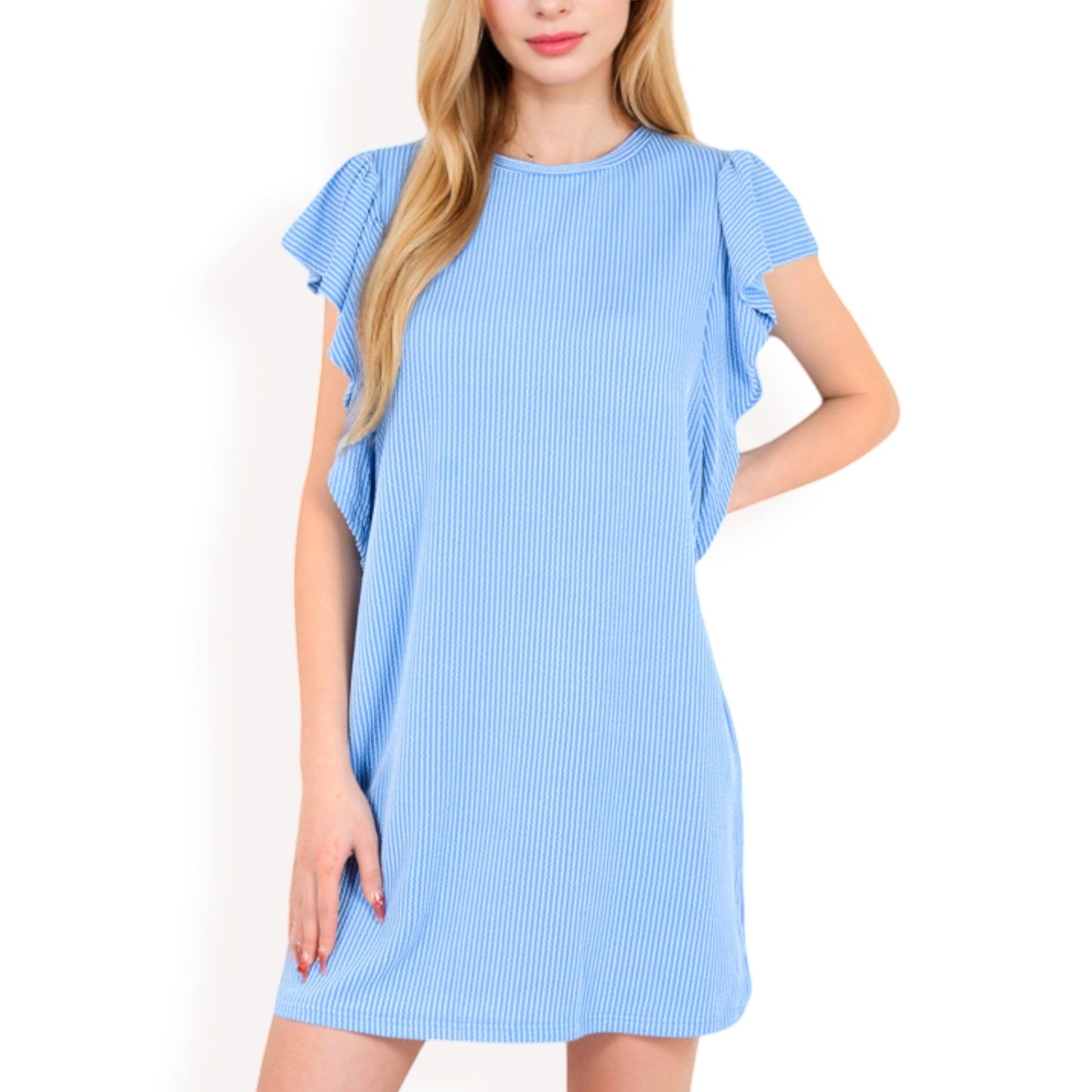 Ruffle Sleeve Textured Knit Mini Shift Dress