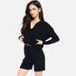 Women's Textured Long Sleeve Pullover and Shorts Set with Collared Neckline