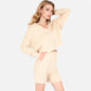 Women's Textured Long Sleeve Pullover and Shorts Set with Collared Neckline