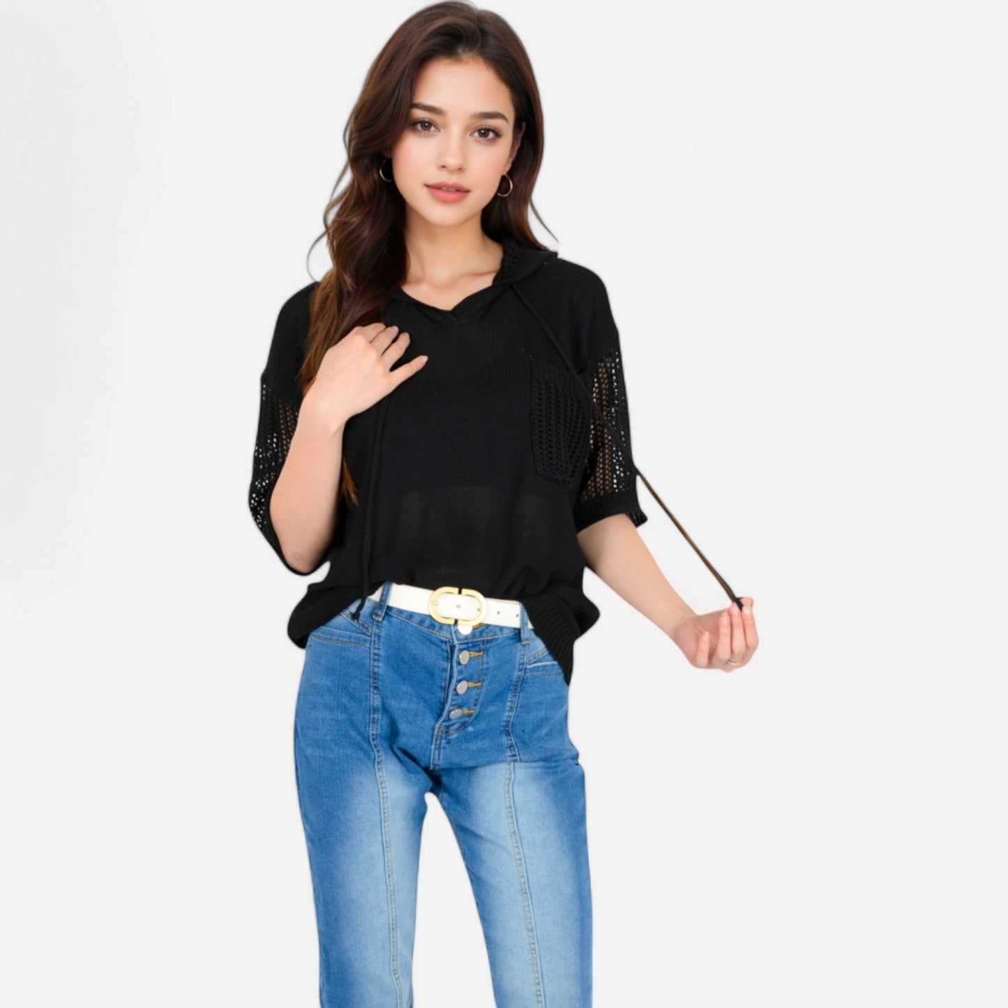 Textured Knit Hooded Pullover with Short Sleeves and Drawstring Detail