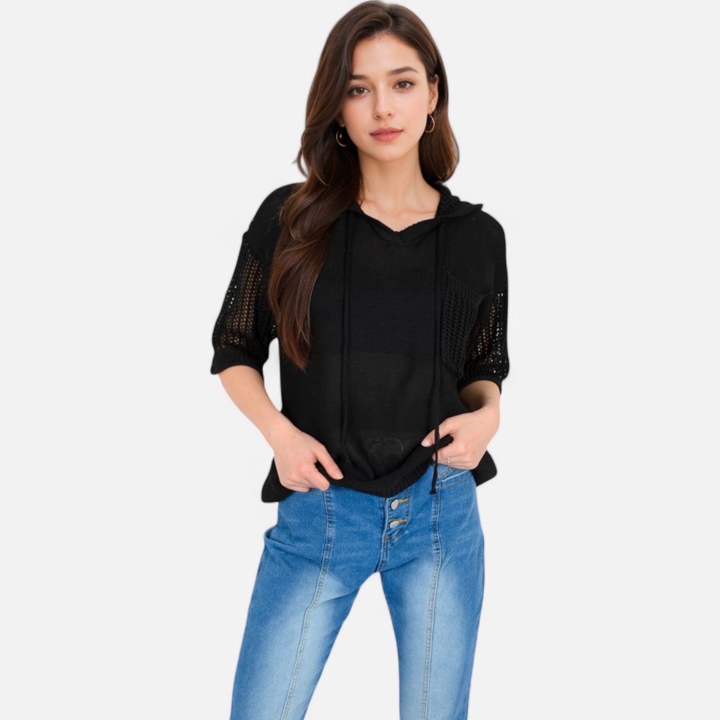 Textured Knit Hooded Pullover with Short Sleeves and Drawstring Detail