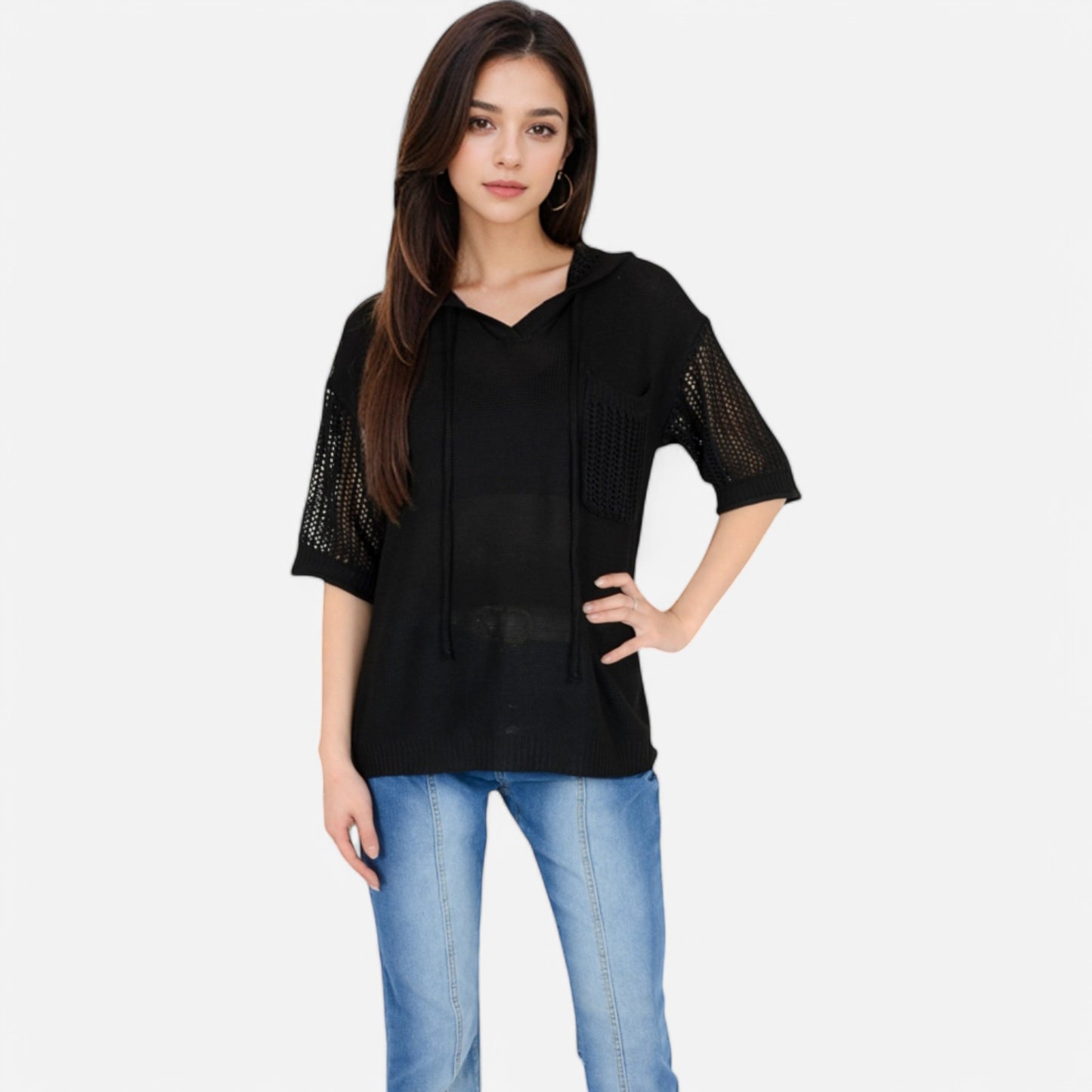 Textured Knit Hooded Pullover with Short Sleeves and Drawstring Detail