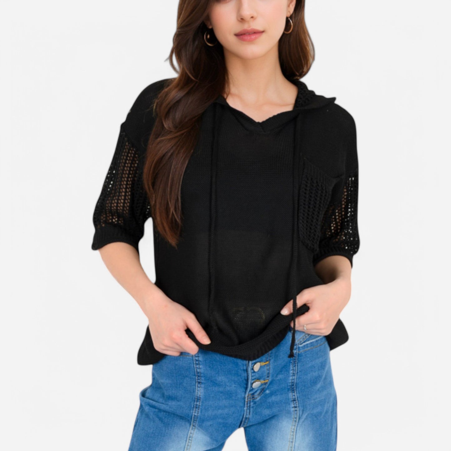 Textured Knit Hooded Pullover with Short Sleeves and Drawstring Detail