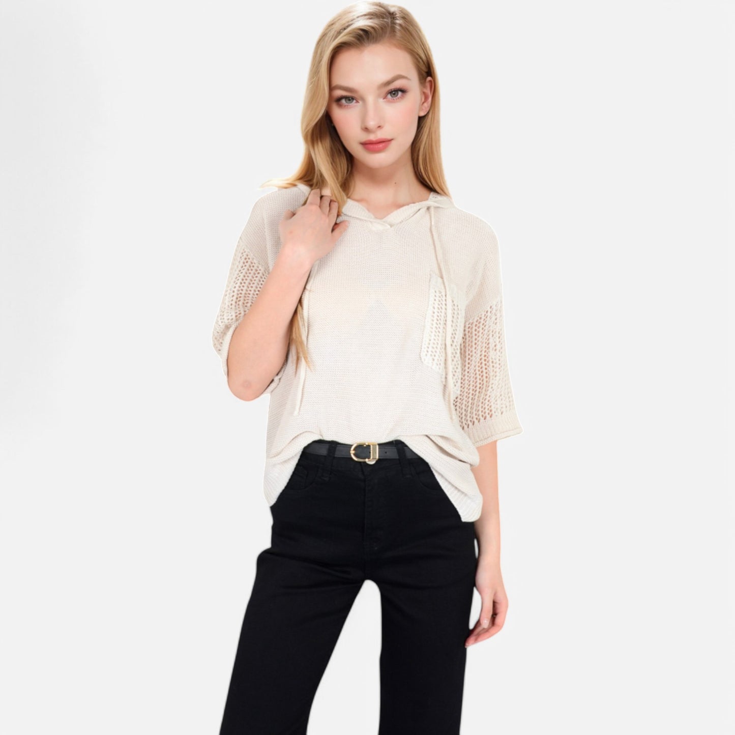 Textured Knit Hooded Pullover with Short Sleeves and Drawstring Detail