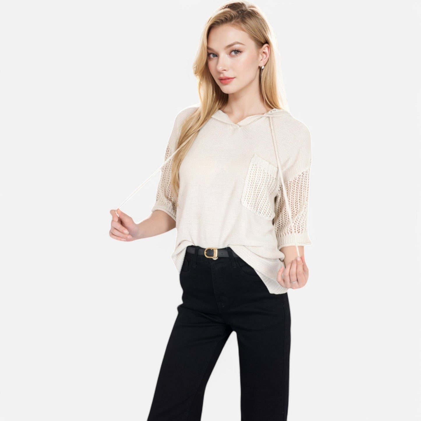 Textured Knit Hooded Pullover with Short Sleeves and Drawstring Detail