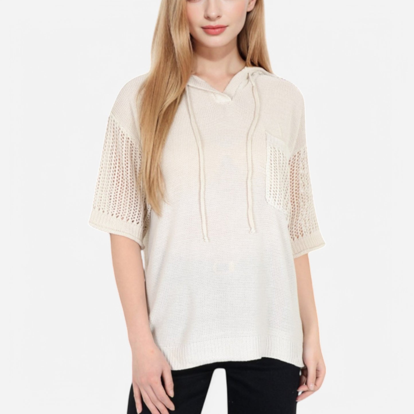 Textured Knit Hooded Pullover with Short Sleeves and Drawstring Detail