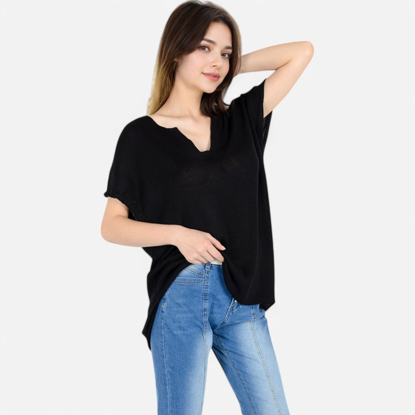 V-Neck Knit Top with Short Sleeves and Relaxed Fit