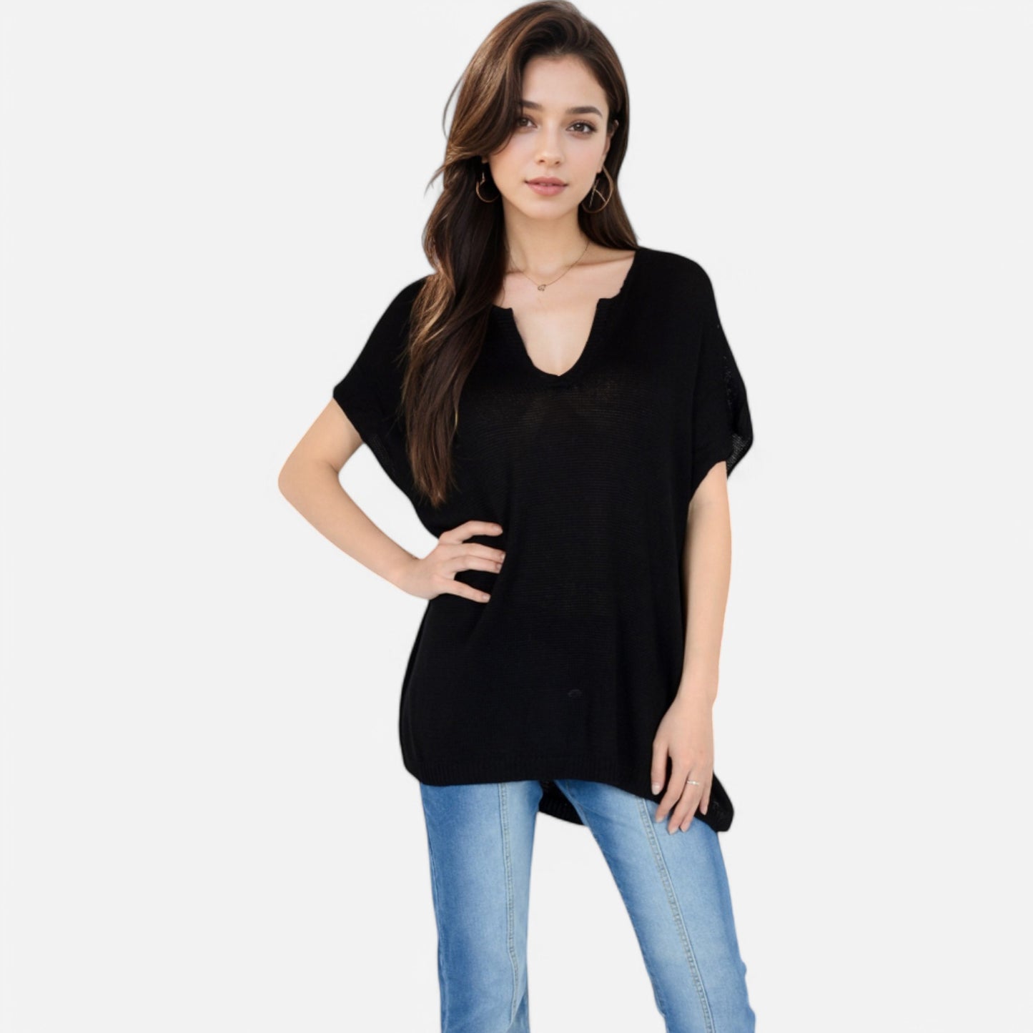 V-Neck Knit Top with Short Sleeves and Relaxed Fit