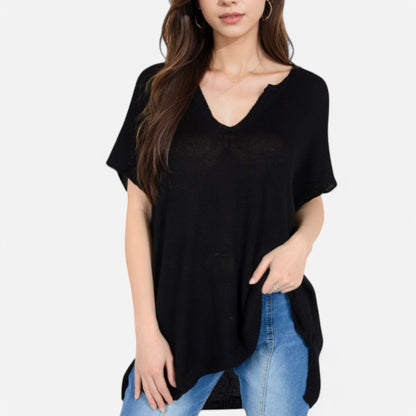 V-Neck Knit Top with Short Sleeves and Relaxed Fit