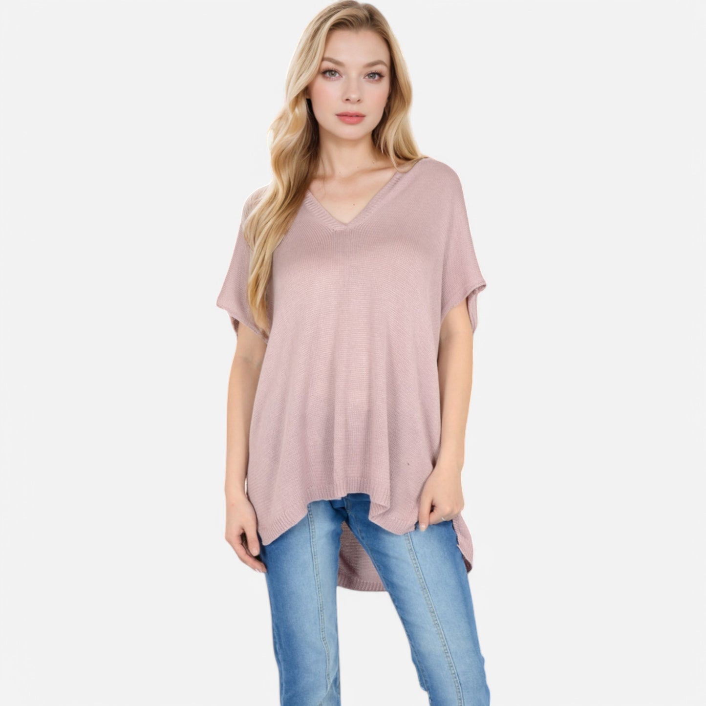 V-Neck Knit Top with Short Sleeves and Relaxed Fit