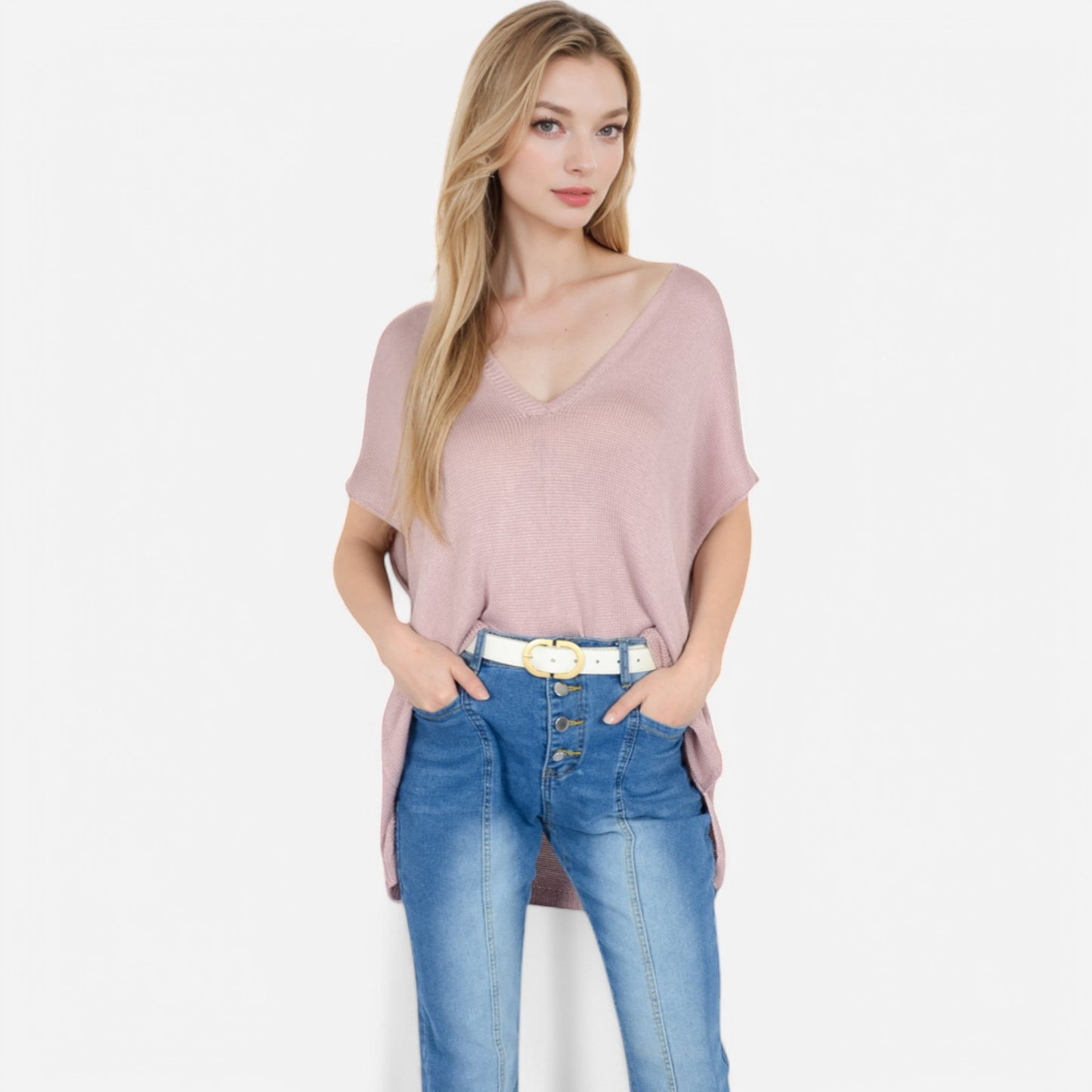 V-Neck Knit Top with Short Sleeves and Relaxed Fit
