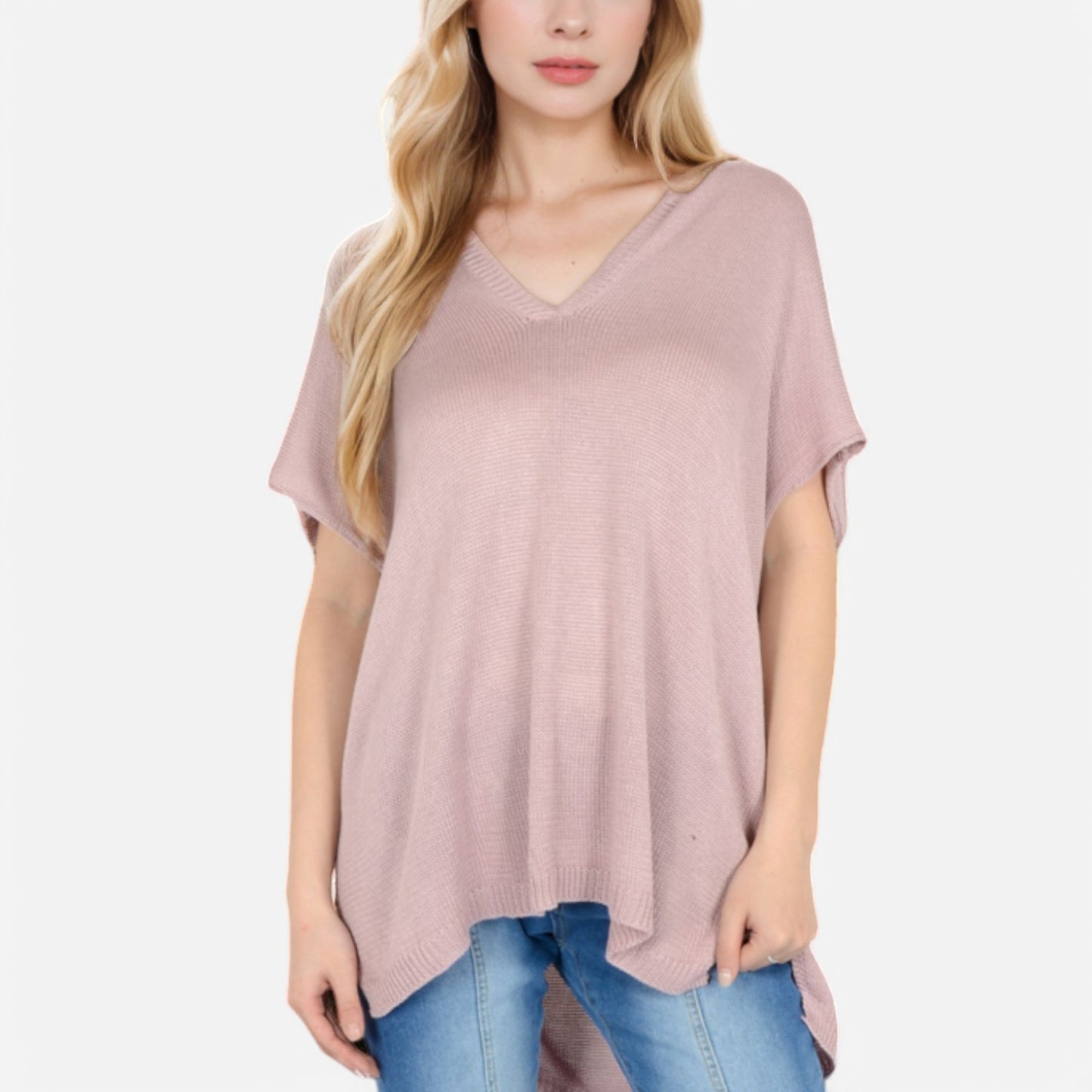 V-Neck Knit Top with Short Sleeves and Relaxed Fit
