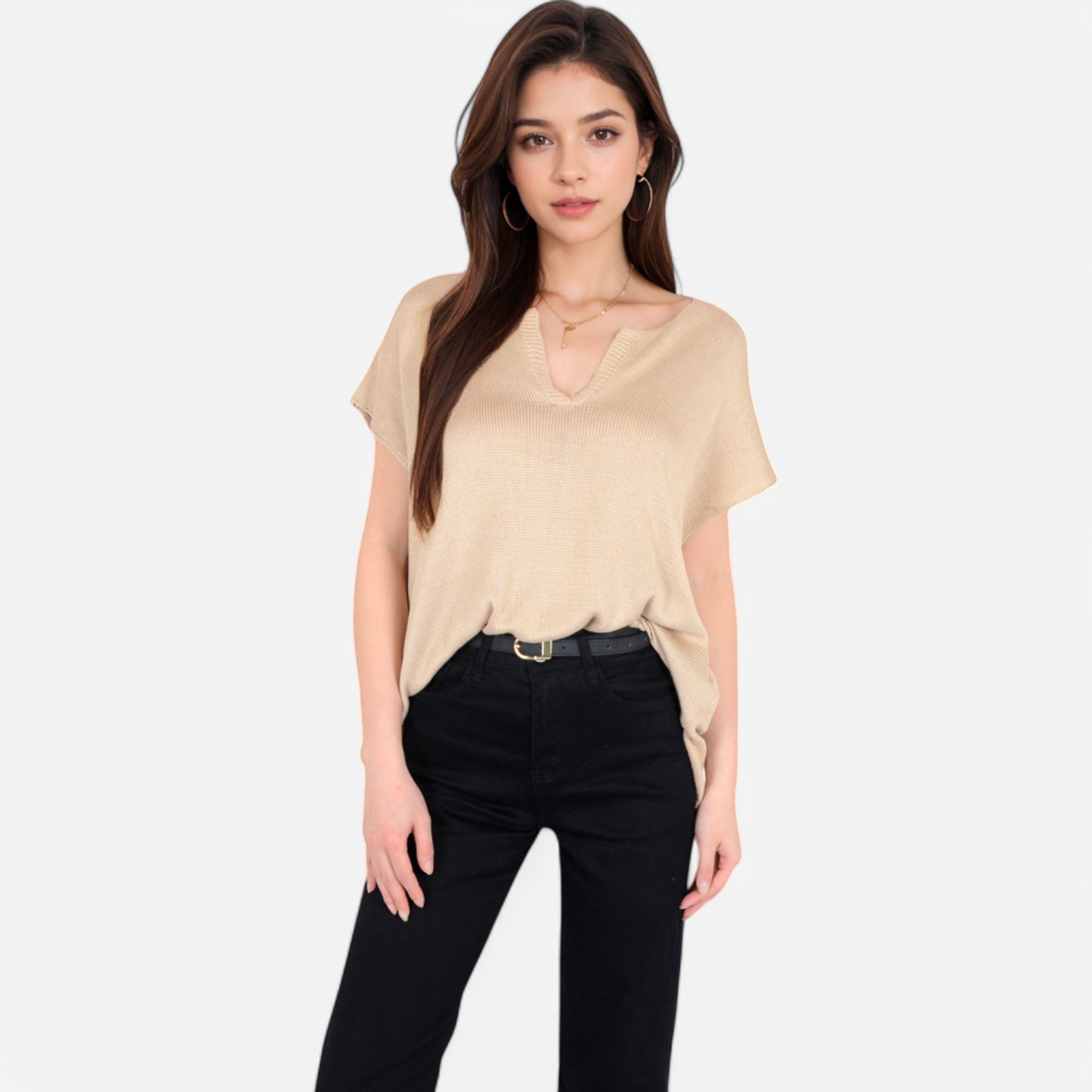 V-Neck Knit Top with Short Sleeves and Relaxed Fit